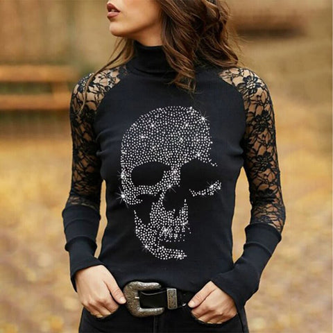 Sonicelife Women Turtleneck Lace Patchwork Long Sleeve Shirts 2024 Spring Autumn Ladies Casual  Tops Black Y2k Skull Print Streetwear