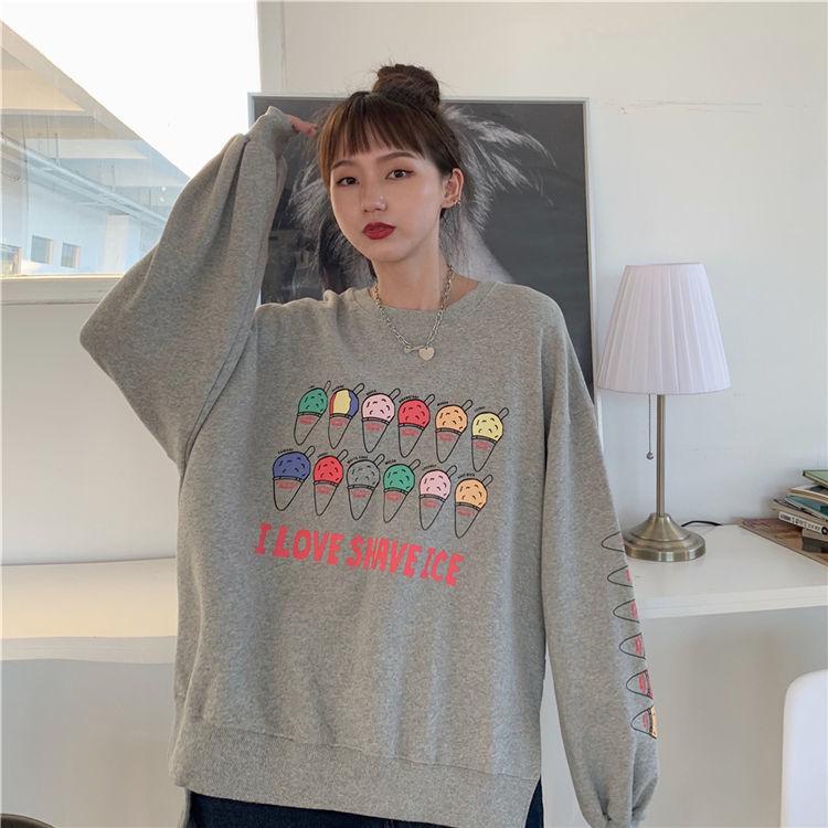Women's Sweatshirts 2023 Spring Korean Loose Round Neck Pullover Jacket Personality Cartoon Printing Long-Sleeved Sweat-Shirt