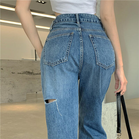 Woman Jeans Ripped High Waist Clothes Wide Leg Denim Clothing Streetwear Vintage Quality 2021 Fashion Harajuku Straight Pants
