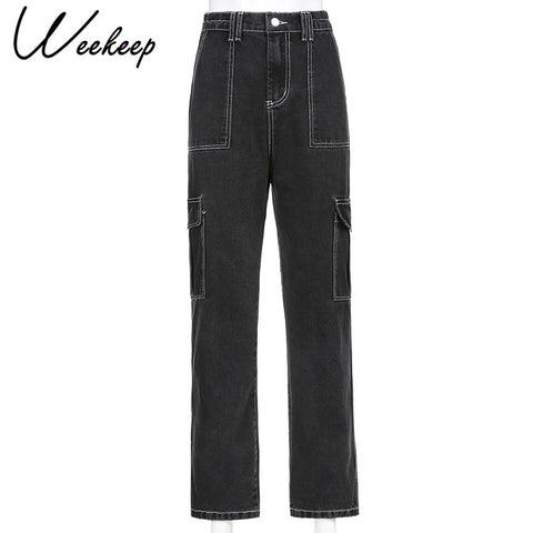 Sonicelife Weekeep Pockets Patchwork Baggy Jeans Fashion Streetwear 100% Cotton Women Denim Trouser Loose Cargo Pants Korean Jeans Harajuku