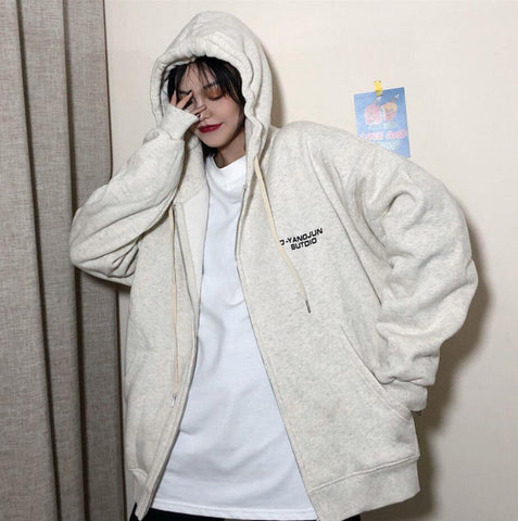 Sonicelife Letter Vintage Zip Up Streetwear Sweatshirts Women Harajuku Oversized Hoodies Thin Pockets Long Sleeve Clothes Korean Style Tops