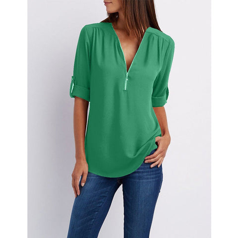 Sonicelife   V Neck Women Chiffon Blouses Solid Zipper Up Long Sleeves Cuffed Casual Loose Office Ladies Plus Size Tops Blouses