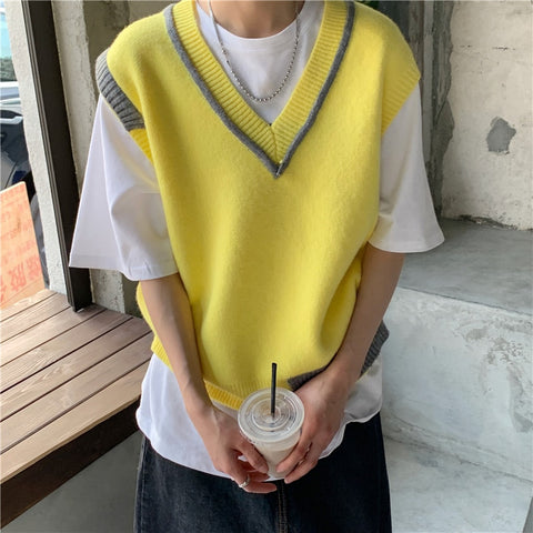 2023 early spring V-neck pullover college wind contrast stitching knitted vest