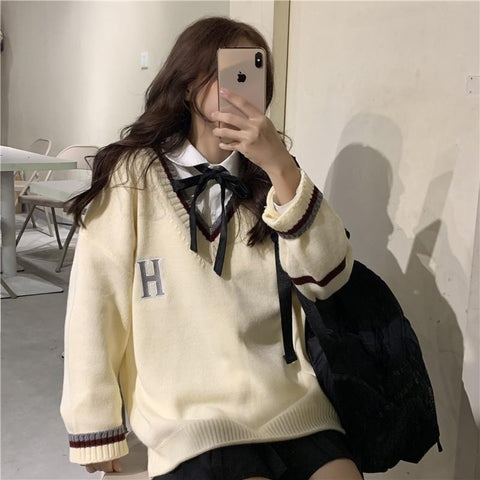 Sonicelife  Preppy Fashion Beige Sweater Women Korean Style Striped Knitted V-Neck Long Sleeve Oversize Jumper Pullover Female Tops