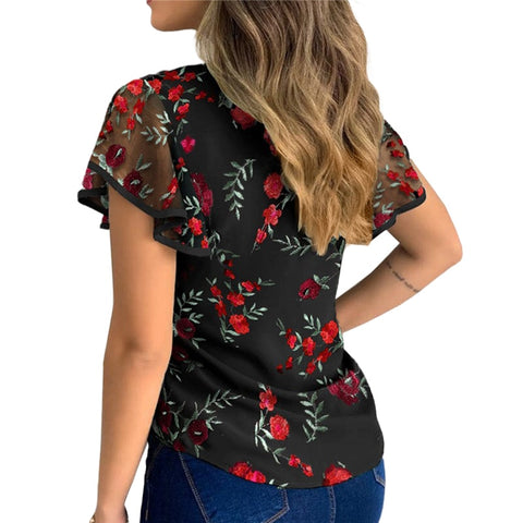 4 Styles  Women Ladies Ruffle Sleeve Tops Pullover Dot Polk Embroidery Floral Print Blouse OL Casual Chiffon Jumper Tee