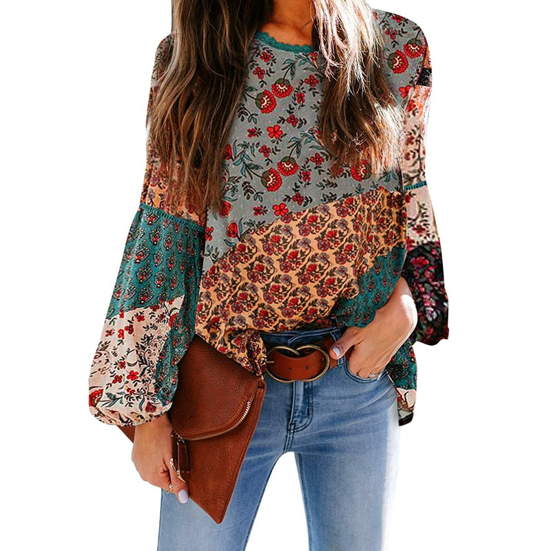 Sonicelife  Women Print Bohemian Blouse Casual Tops O Neck Long Puff Sleeves Loose Pullover Office Lady Tee Beach Party Boho Blouses