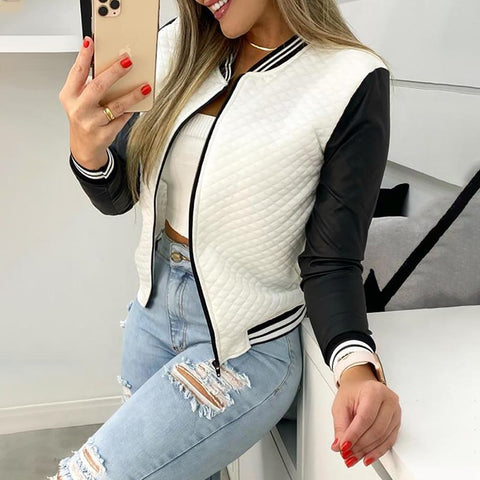 2023 Autumn Winter Striped Print Zip Front PU Leather Patch Baseball Coat  Fashion Long Sleeve Ladies Tops Womens Shirts Casual
