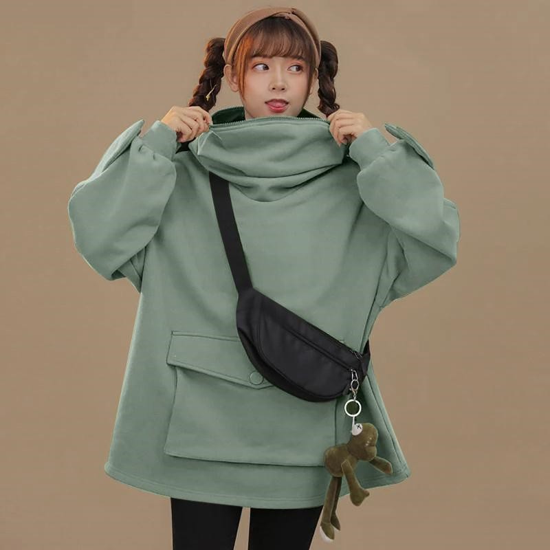 Sonicelife Harajuku Oversize Frog Hoodie Women Long Sleeve Zipper Pocket Mouth Sweatshirt Clothes Doll Top Kawaii Funny Pullover Streetwear