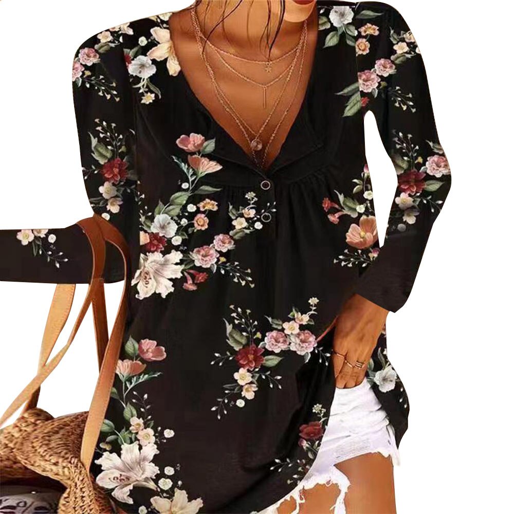 Sonicelife Summer Casual Tee Long Sleeve Women T-Shirt Floral Print Office Shirts Female Button V-Neck Loose T-Shirt Tops Pullover 2024 D30