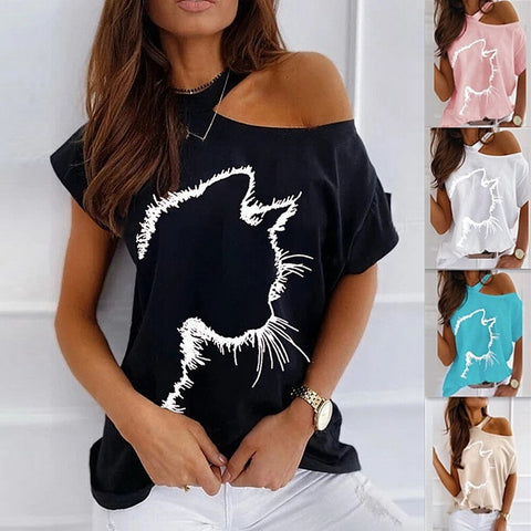 Blouse Women Elegant Fashion Short Sleeve Hollow Out Blouse Cat Cute Print One Shoulder Pullover Women Clothing Summer D30