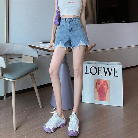Woman Jeans Shorts Ripped Clothes High Waisted 2021 Summer Streetwear Baggy Wide Leg Vintage Fashion The New Blue Harajuku Pants