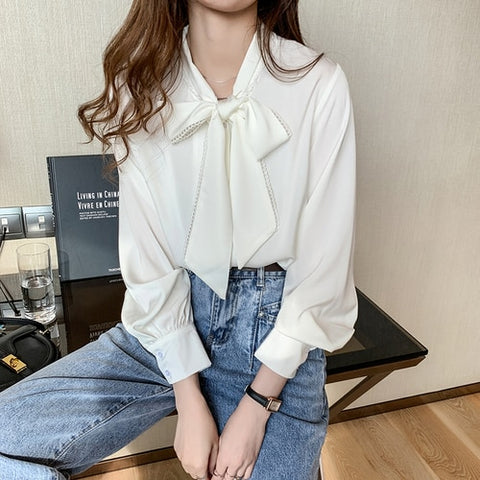Sonicelife 2023 Spring Fashion Korean Tops Satin Chiffon Blouse Women Loose Long Sleeve Shirt White Blue Office Lady Clothes with Bow 10691 917