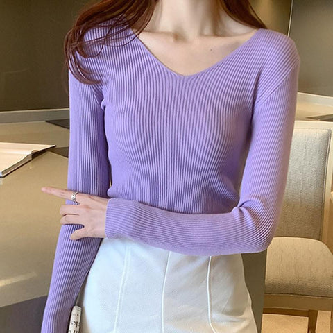 Elastic Sweater 2023 Autumn Winter Knitted Ribbed Pullovers Full Sleeve V-Neck Slim Jumper Solid Slim Shirt Casual Warm Tops Hot