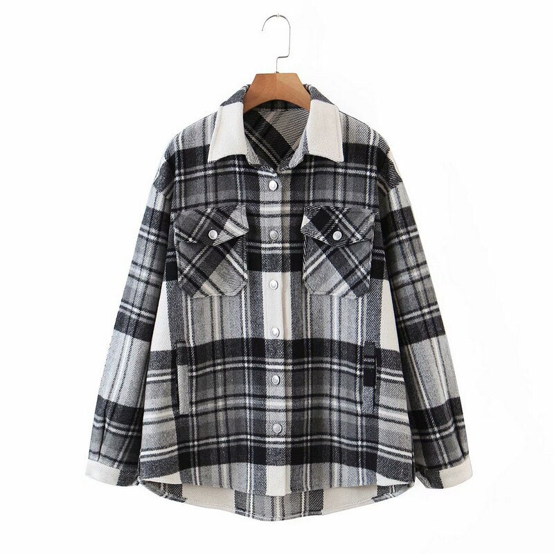 Sonicelife Womens Plaid Shirt Jacket Coat Ladies Pockets Thick Turn Down Collar Plus Size Female Outerwear