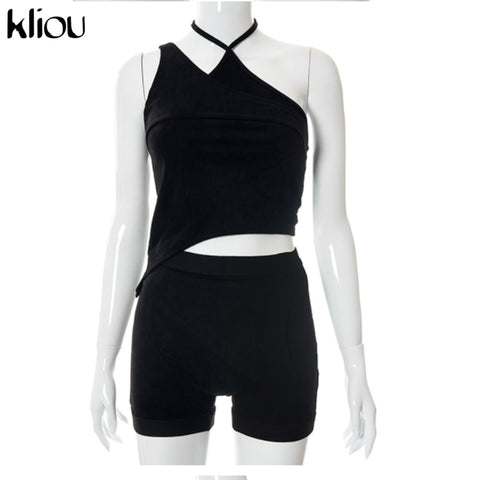 Kliou Velour Asymmetry Two Piece Set Women Avocado Halter Crop Top+Crease Shorts Matching Outfit Female Casual Workout Atirewear
