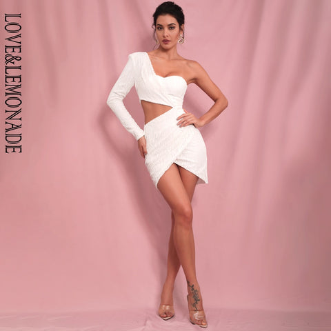 LOVE&LEMONADE  White Cut Out Single Sleeve Glitter Glue Bead Material Bodycon Party Dress LM81650