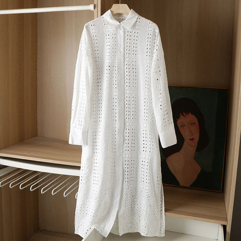 2023 Spring Summer Women White  Hollow Shirt Midi Dress Chic Embroidery Long Sleeve Solid Beach Dresses Ladies Vestidos