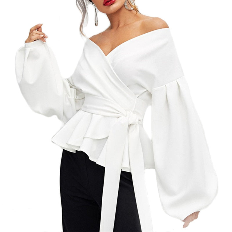 Sonicelife V Neck Lantern Sleeves Women Blouses White Tops Solid Ruffles Bow Knot Lace Up Casual Shirts 2024 Black Lady Blouse