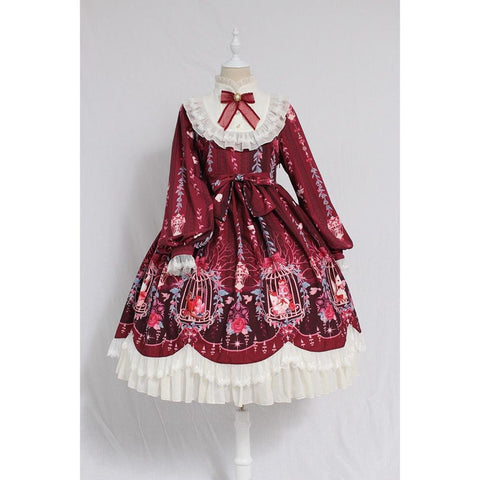 Sonicelife Lolita dress sweet lolita cage dream bow tie OP long-sleeved dress retro victorian dress kawaii girl gothic lolita