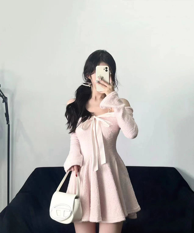 Sonicelife hoco dresses Coquette Aesthetic Angora Mohair Pink Mini Dress