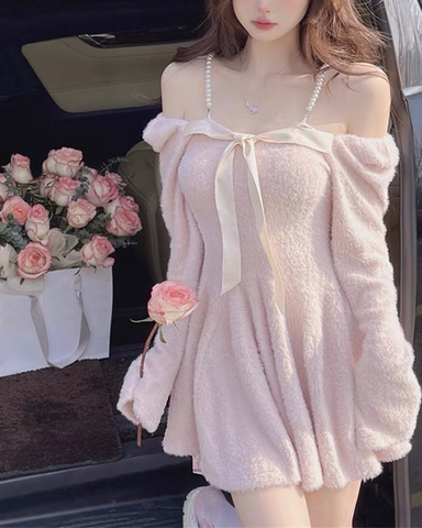 Sonicelife hoco dresses Coquette Aesthetic Angora Mohair Pink Mini Dress