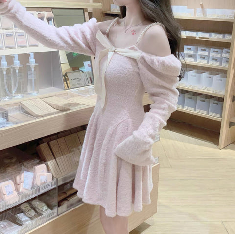Sonicelife hoco dresses Coquette Aesthetic Angora Mohair Pink Mini Dress