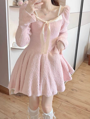 Sonicelife hoco dresses Coquette Aesthetic Angora Mohair Pink Mini Dress
