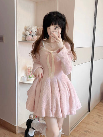 Sonicelife hoco dresses Coquette Aesthetic Angora Mohair Pink Mini Dress