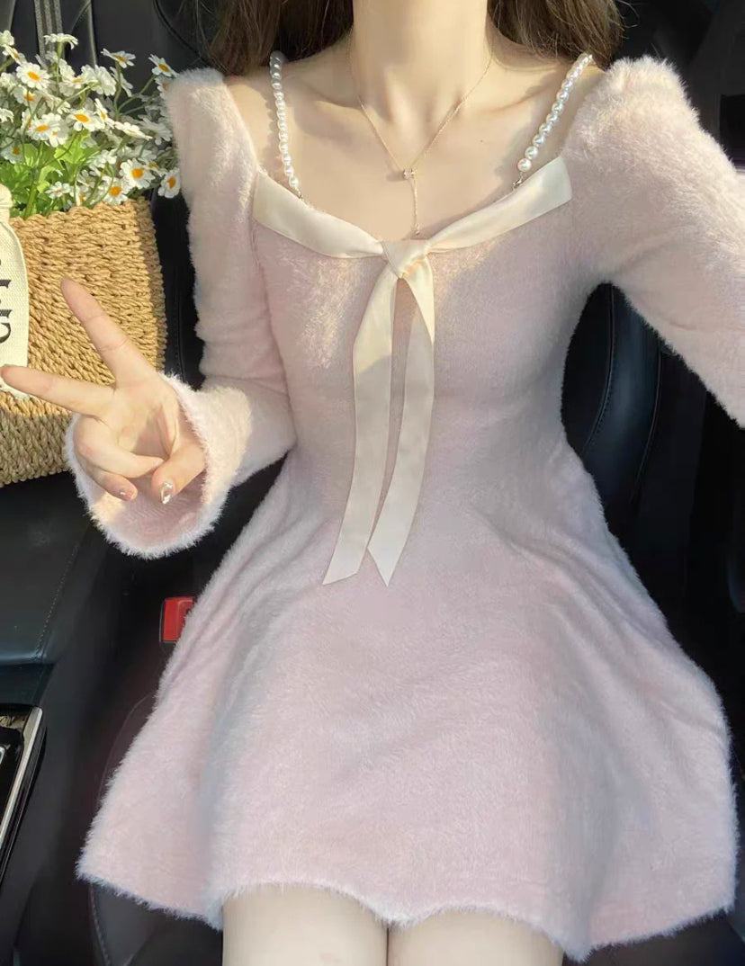 Sonicelife hoco dresses Coquette Aesthetic Angora Mohair Pink Mini Dress