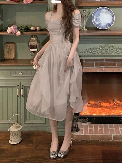 Sonicelife   Korean Casual Midi Dress for Women New Summer Fashion Elegant Off The Shoulder Folds Ruffle Female Clothes Birthday Dress