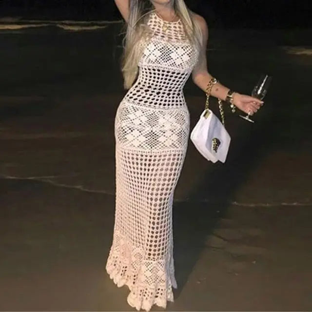 Sonicelife 2024 New   Women Crochet Cover Up Bikini Swimwear Knit Hollow Out Beach Dress Swimsuit Solid Perspective Tunic Kaftan Beach Sexy Pareo