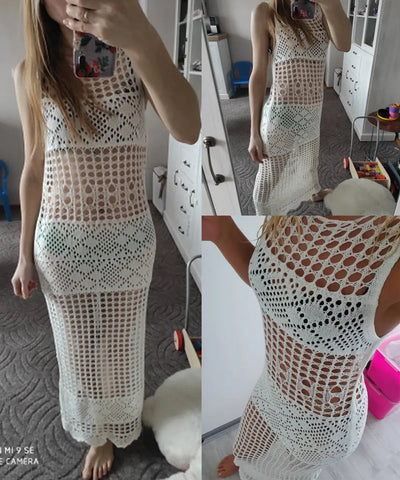 Sonicelife 2024 New   Women Crochet Cover Up Bikini Swimwear Knit Hollow Out Beach Dress Swimsuit Solid Perspective Tunic Kaftan Beach Sexy Pareo