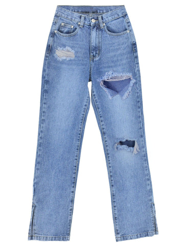 Sonicelife Woman jeans  Distressed Ankle Slits Micro Flare Jeans