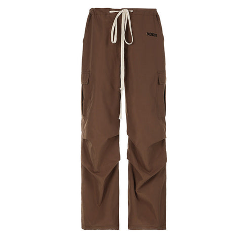 Sonicelife 2024 New Fashion Woman Bottom Elegant Ruched Brown Baggy Parachute Pants