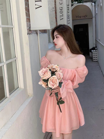 Sonicelife hoco dresses  Pink Sweet Elegant Princess Dress Women Casual Korean Slim Long Sleeve Fairy Dress Female Backless Design Vintage Dress  New