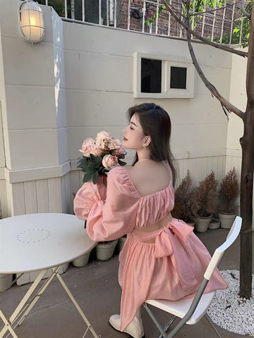 Sonicelife hoco dresses  Pink Sweet Elegant Princess Dress Women Casual Korean Slim Long Sleeve Fairy Dress Female Backless Design Vintage Dress  New