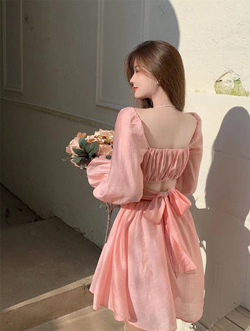 Sonicelife hoco dresses  Pink Sweet Elegant Princess Dress Women Casual Korean Slim Long Sleeve Fairy Dress Female Backless Design Vintage Dress  New