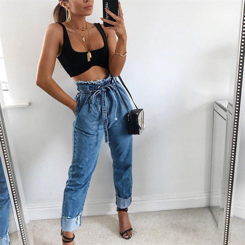 Sonicelife Woman jeans  High-waisted Frayed tie Jeans