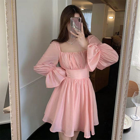 Sonicelife hoco dresses  Pink Sweet Elegant Princess Dress Women Casual Korean Slim Long Sleeve Fairy Dress Female Backless Design Vintage Dress  New