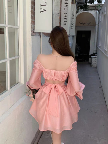 Sonicelife hoco dresses  Pink Sweet Elegant Princess Dress Women Casual Korean Slim Long Sleeve Fairy Dress Female Backless Design Vintage Dress  New