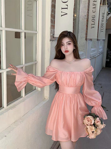 Sonicelife hoco dresses  Pink Sweet Elegant Princess Dress Women Casual Korean Slim Long Sleeve Fairy Dress Female Backless Design Vintage Dress  New