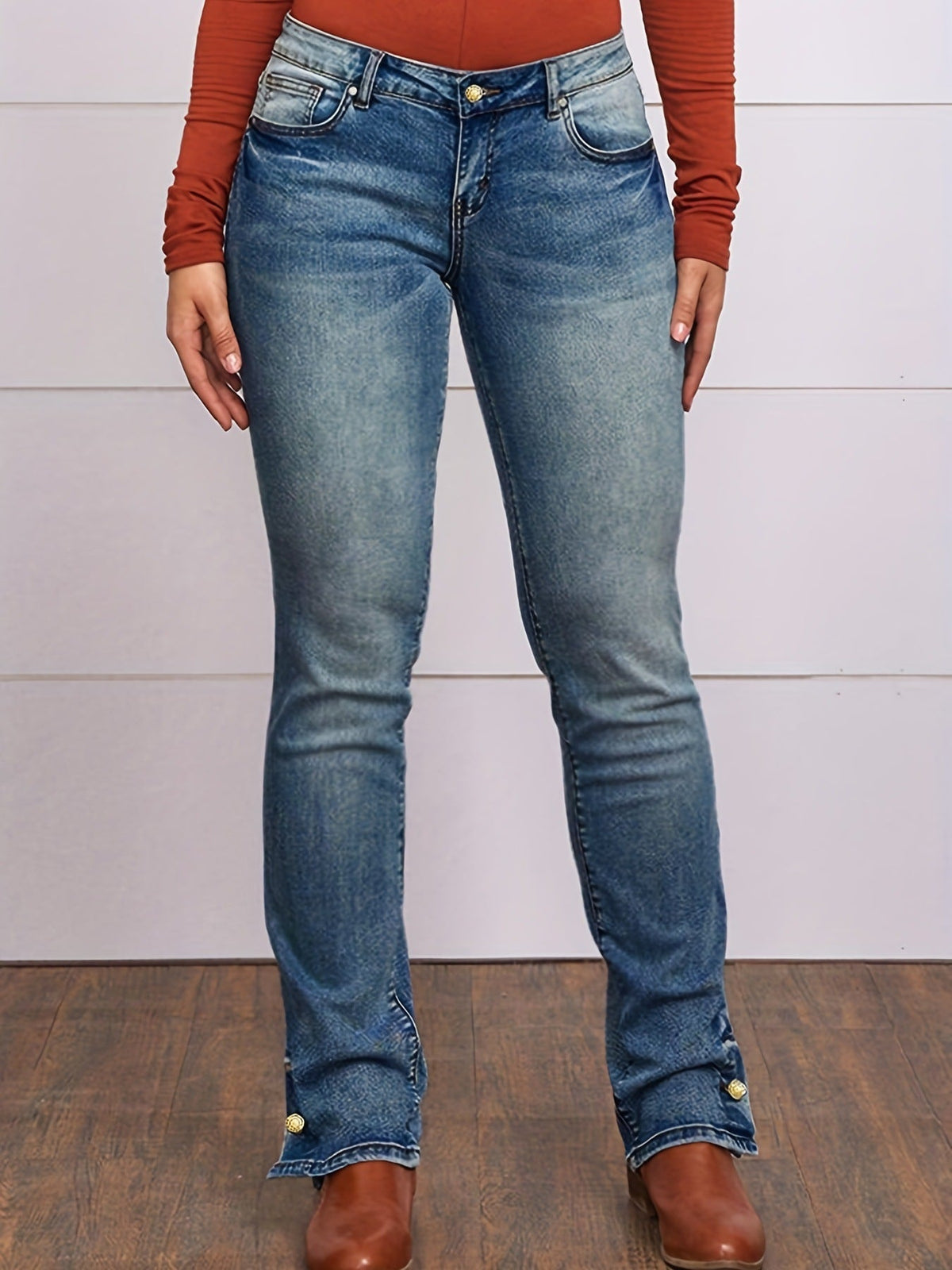 Sonicelife Woman jeans  Button Side Split Embroidery Patch Pocket Bootcut Jeans