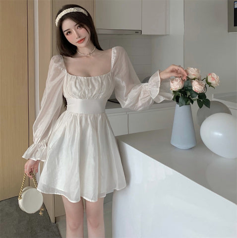 Sonicelife hoco dresses  Pink Sweet Elegant Princess Dress Women Casual Korean Slim Long Sleeve Fairy Dress Female Backless Design Vintage Dress  New