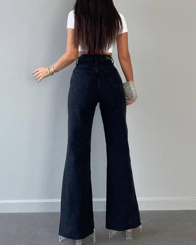 Sonicelife Woman jeans  High-Waisted Straight Leg Tassel-Trimmed Hem Jeans