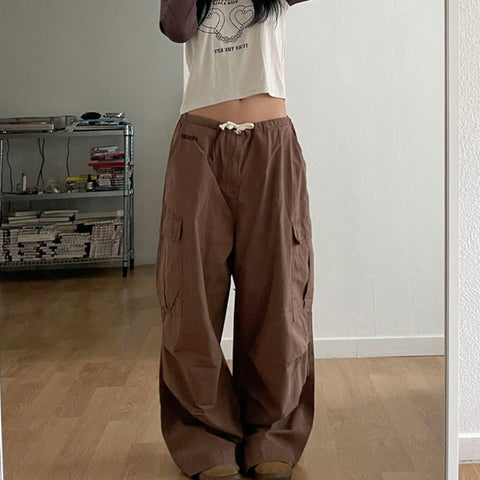 Sonicelife 2024 New Fashion Woman Bottom Elegant Ruched Brown Baggy Parachute Pants