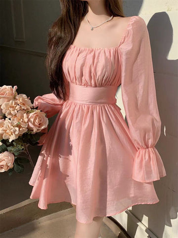 Sonicelife hoco dresses  Pink Sweet Elegant Princess Dress Women Casual Korean Slim Long Sleeve Fairy Dress Female Backless Design Vintage Dress  New