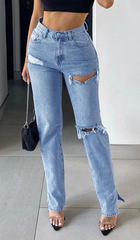 Sonicelife Woman jeans  Distressed Ankle Slits Micro Flare Jeans