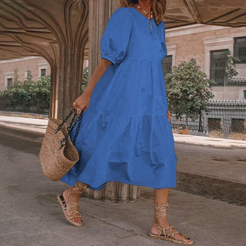 Sonicelife  Women Solid Sundress Summer Vintage Elegant Loose Short Sleeve Swing Party Long Dresses Female Beach Dress Vestidos Casual Robe