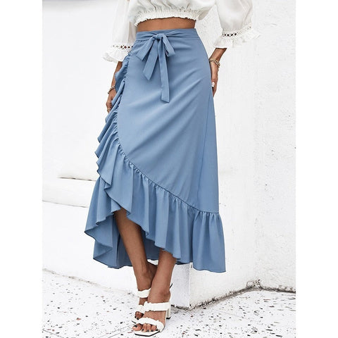 Sonicelife   Women's Clothing Skirts Blue Solid Color Spring Autumn Skinny Skirt Lace Up High Waist Ruffle Hem Midi A-line Skirt