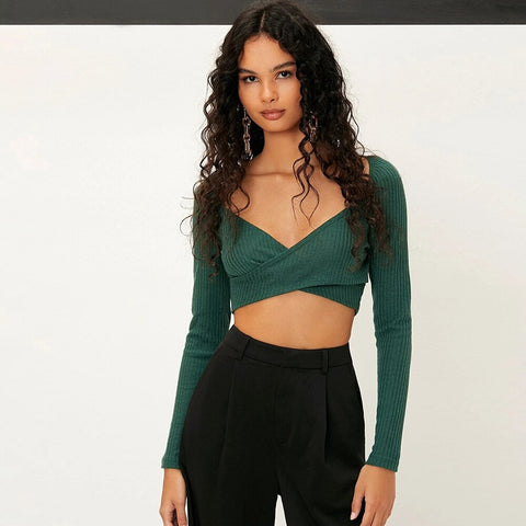 Graduation Dress Sonicelife  2024 Women Autumn  V-Neck Cropped Tops T-shirt Knitted Long Sleeves Thread Bottoming Slim Solid Color All-match Fit Clothes
